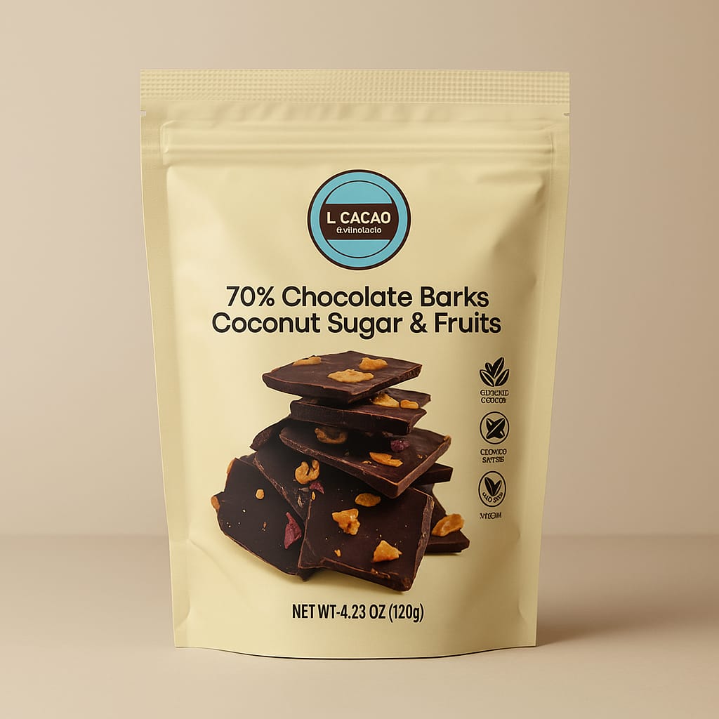L Cacao Trozos de Chocolate Oscuro al 75% con Frutas y Estevia