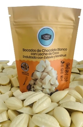 L Cacao Bocados de Chocolate Blanco con Leche de Coco, Estevia y Monkfruit