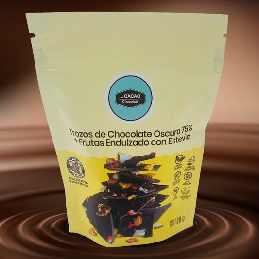 L Cacao Trozos de Chocolate Oscuro al 75% con Frutas y Estevia
