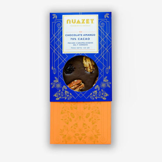 Nuazet Chocolate Amargo al 70%  con Pecans Caramelizadas, Sal y Cerezas